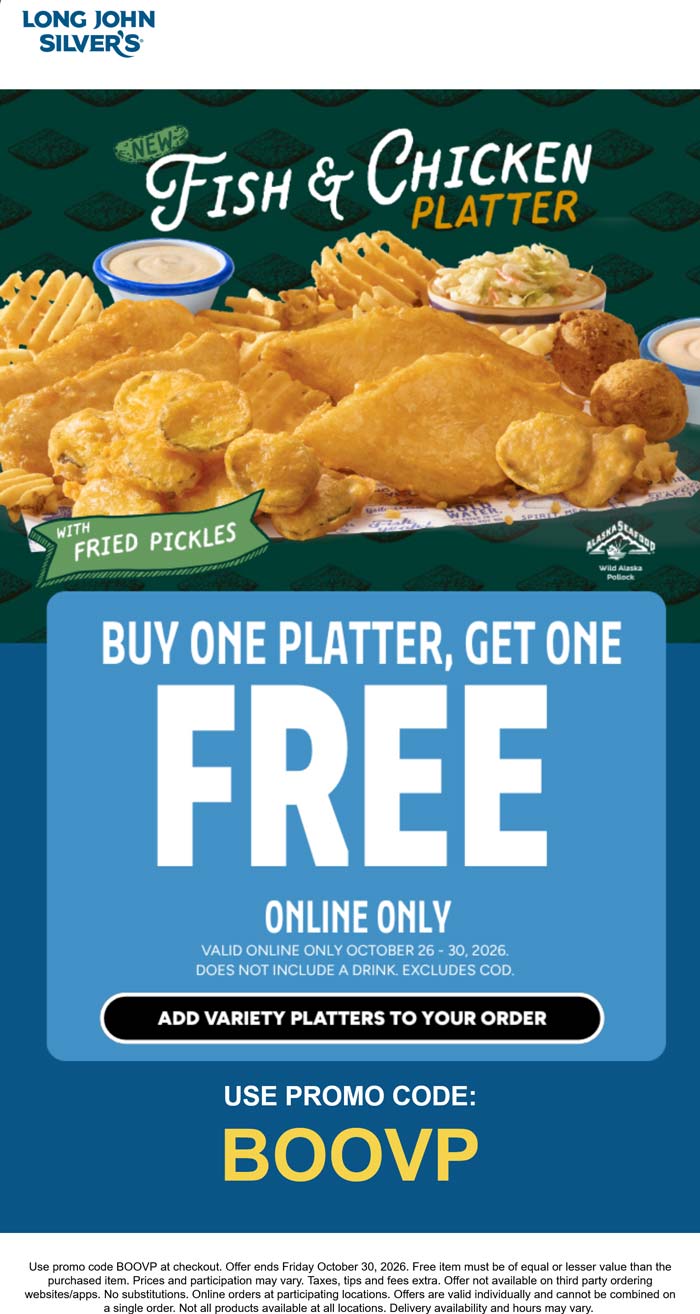Second platter meal free online at Long John Silvers via promo code BOOVP