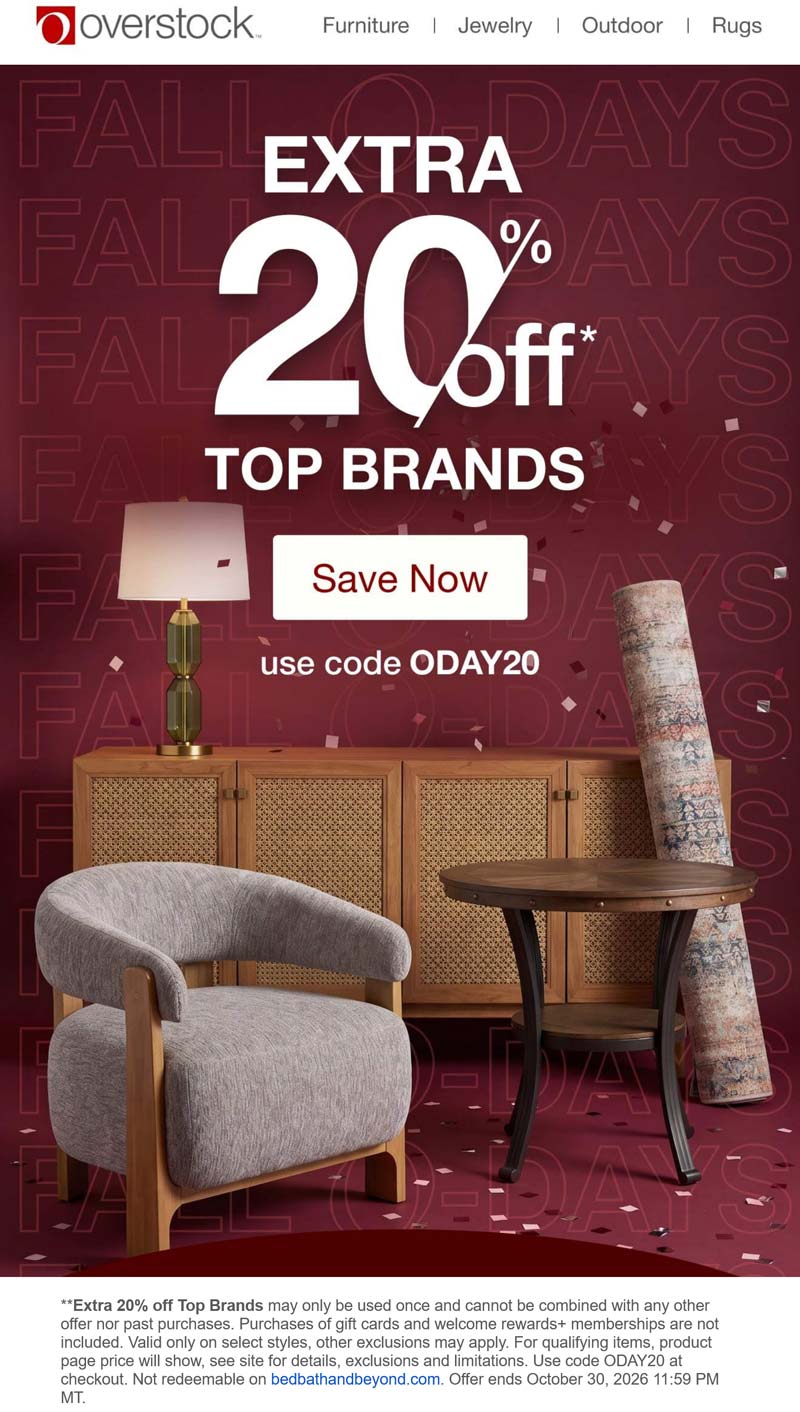 Extra 20% off at Overstock via promo code ODAY20