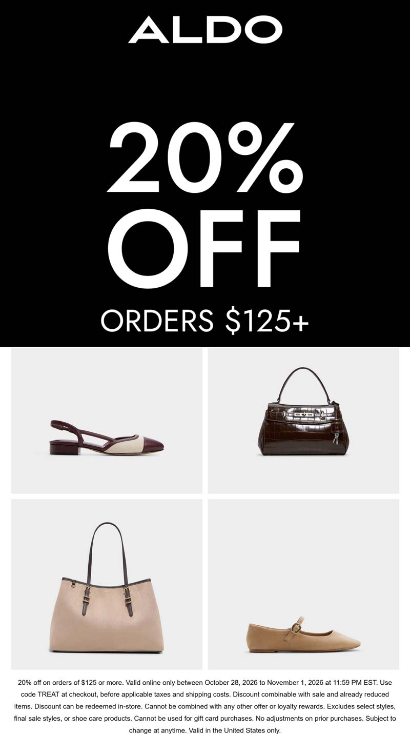20% off $125+ at Aldo shoes via promo code TREAT