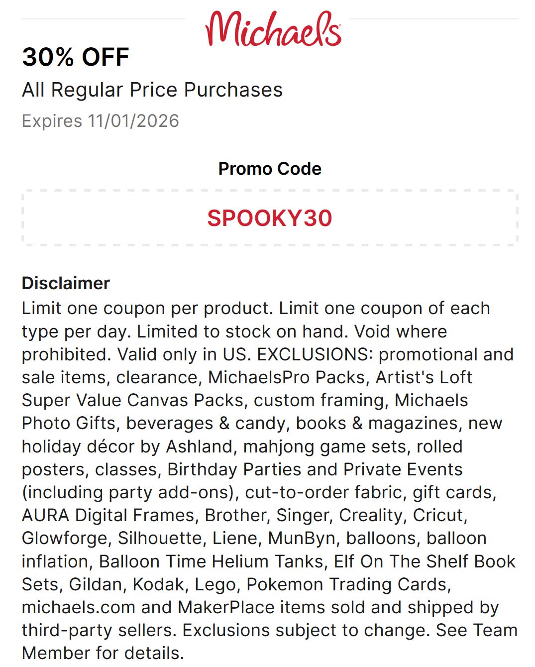 30% off online at Michaels via promo code SPOOKY30