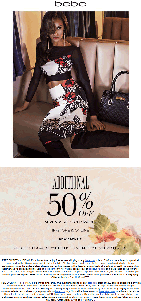 Bebe Coupon April 2024 Extra 50% off clearance at bebe, ditto online