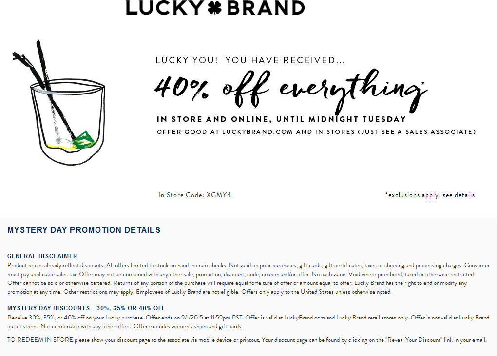 Lucky Brand Coupon March 2024 40% off everything today at Lucky Brand, ditto online
