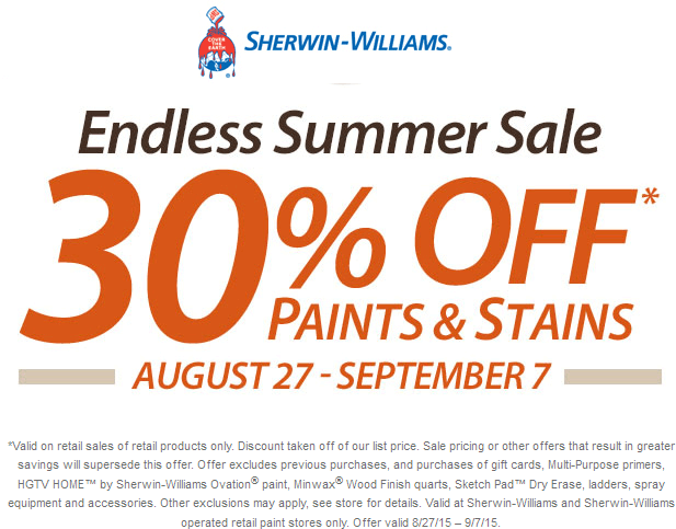 Sherwin Williams Coupon April 2024 30% off paint & stains at Sherwin-Williams