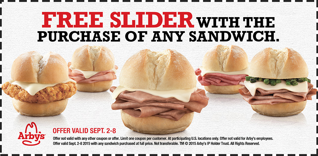 Arbys Coupon March 2024 Free slider with your sandwich at Arbys