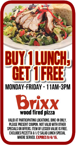 Brixx Coupon April 2024 Second lunch free today at Brixx wood fired pizza