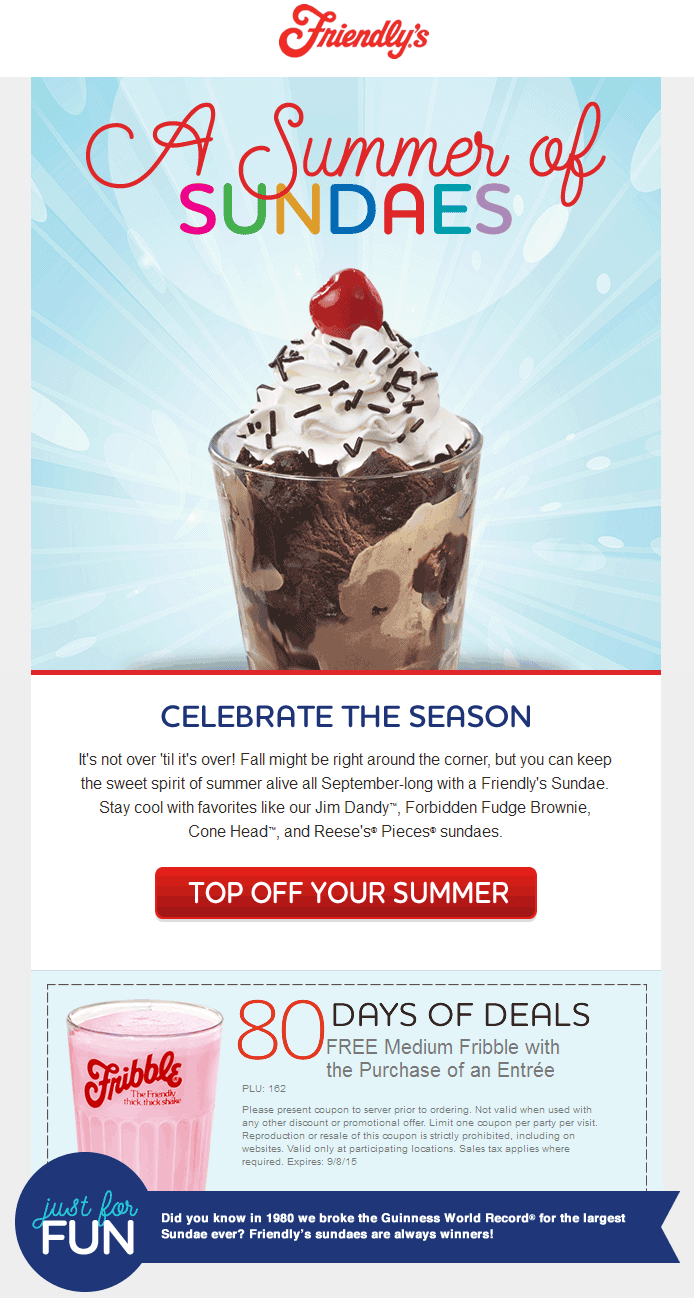 Friendlys Coupon March 2024 Free milkshake with your entree at Friendlys