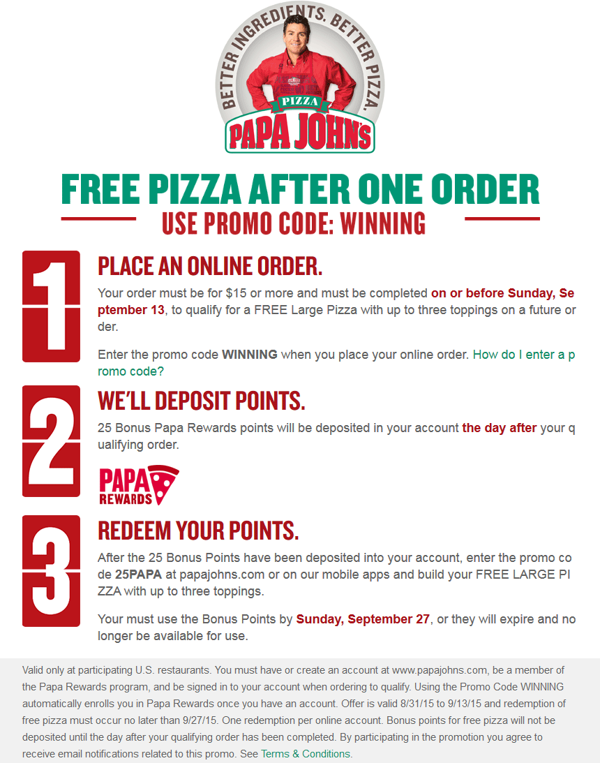 Papa Johns Coupon April 2024 Second pizza free online at Papa Johns via promo code WINNING