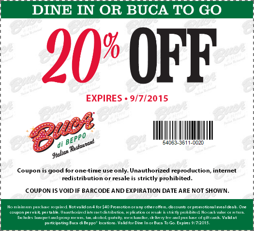 Buca di Beppo Coupon April 2024 20% off at Buca di Beppo Italian restaurants