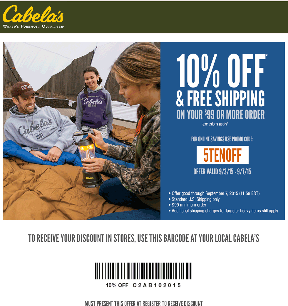 Cabelas Coupon March 2024 10% off at Cabelas, or online via promo code 5TENOFF