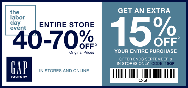 Gap Factory Coupon April 2024 40-70% off everything + another 15% at Gap Factory, ditto online