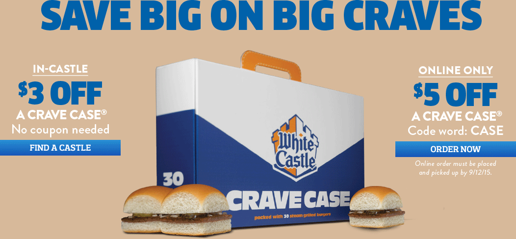 White Castle Coupon April 2024 $3 off a 30pk of sliders at White Castle, or $5 off online via promo code CRAVE