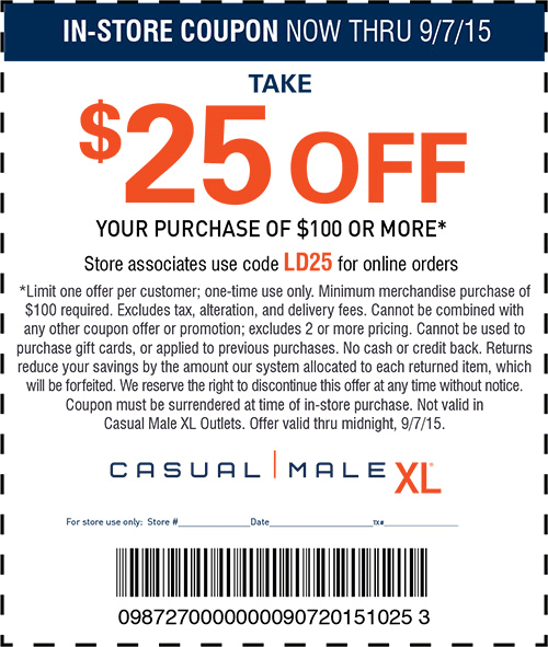 Casual Male XL Coupon April 2024 $25 off $100 today at Casual Male XL, or online via promo code LD25