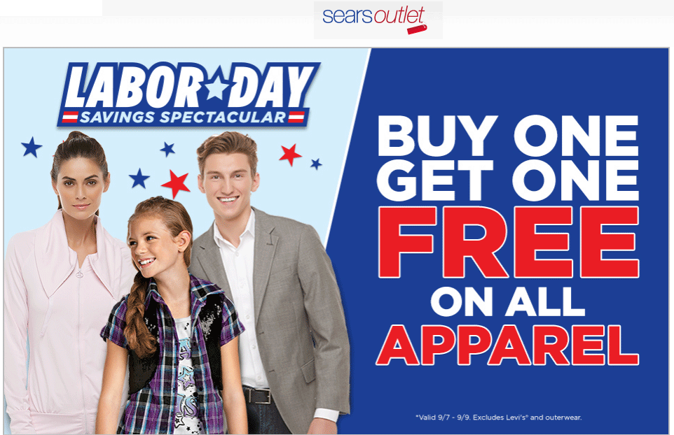 Sears Outlet Coupon April 2024 Second apparel item free at Sears Outlet