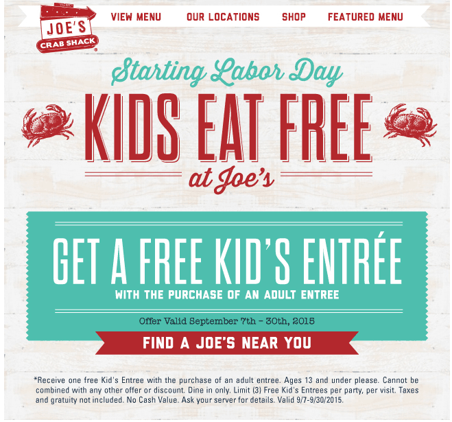 Joes Crab Shack Coupon March 2024 Kids eat free this month at Joes Crab Shack