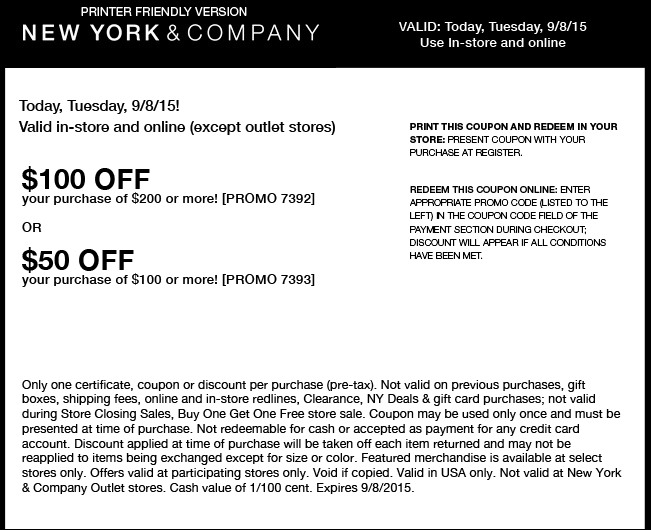 New York & Company Coupon March 2024 $50 off $100 & more today at New York & Company, or online via promo code 7393