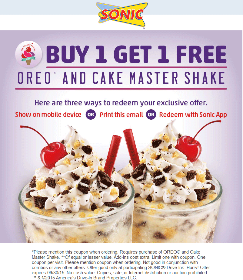 Sonic Drive-In Coupon April 2024 Second Oreo & cake milkshake free at Sonic Drive-In