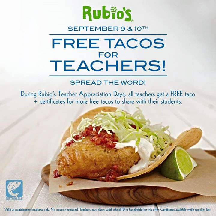 Rubios Coupon April 2024 Teachers enjoy free tacos at Rubios + some for students