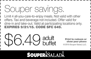 Souper Salad Coupon April 2024 $6.49 bottomless buffet at Souper Salad restaurants