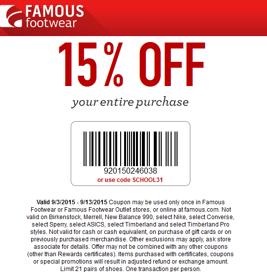 Famous Footwear Coupon April 2024 15% off everything at Famous Footwear, or online via promo code SCHOOL31