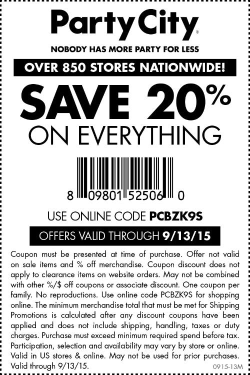 Party City Coupon April 2024 20% off at Party City, or online via promo code PCBZK9S