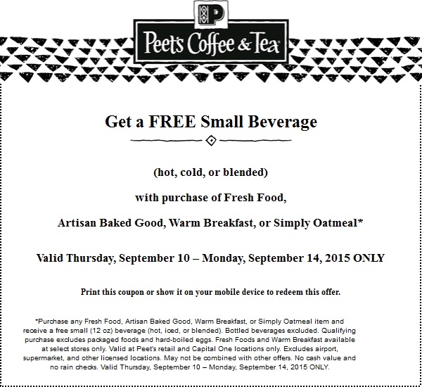 Peets Coffee & Tea Coupon April 2024 Free beverage with your food item at Peets Coffee & Tea