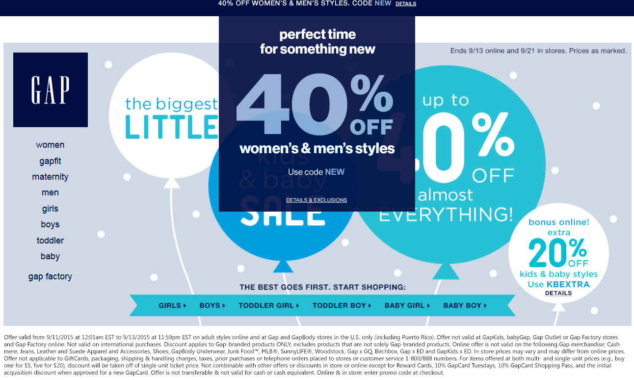 Gap Coupon March 2024 40% off at Gap, or online via promo code NEW - extra 20% off kids via KBEXTRA