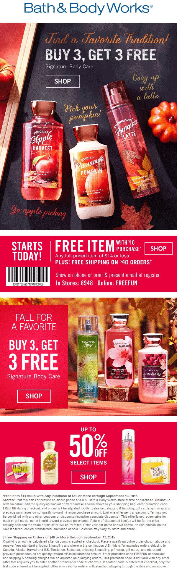 Bath & Body Works Coupon April 2024 $14 item free with $10 spent at Bath & Body Works, or online via promo code FREEFUN