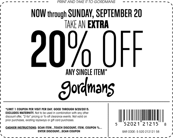 Gordmans Coupon April 2024 20% off a single item at Gordmans, ditto online