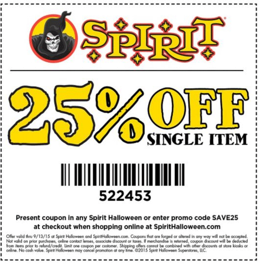 Spirit Halloween Coupon March 2024 25% off a single item at Spirit Halloween, or online via promo code SAVE25