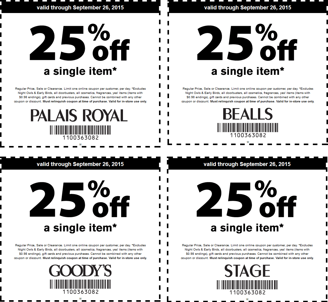Bealls Coupon March 2024 25% off a single item at Goodys, Palais Royal, Bealls & Stage stores