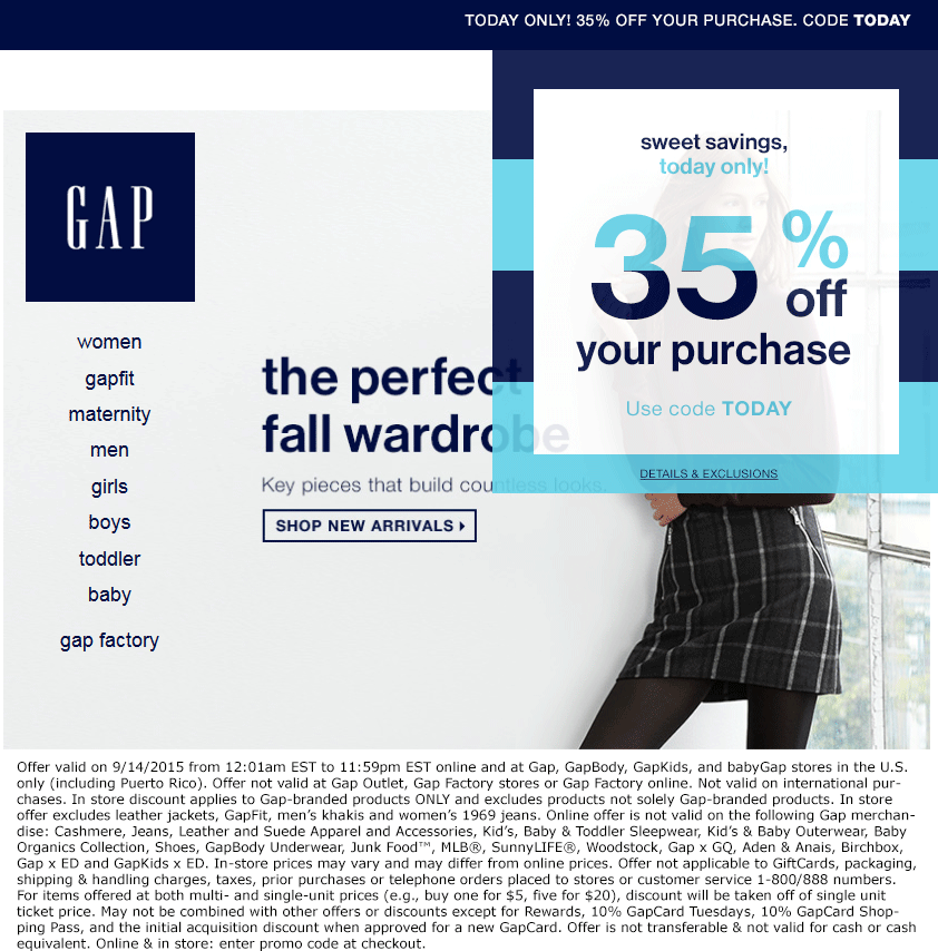 Gap Coupon April 2024 35% off today at Gap, GapBody, GapKids, and babyGap, or online via promo code TODAY