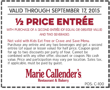 Marie Callenders Coupon April 2024 Second entree 50% off at Marie Callenders