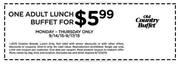 Old Country Buffet Coupon April 2024 $6 buck bottomless lunch at Old Country Buffet