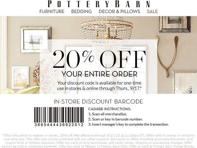 Pottery Barn Coupon April 2024 20% off everything at Pottery Barn