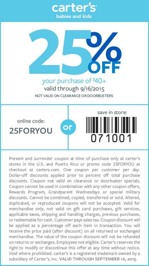 Carters Coupon April 2024 25% off $40 at Carters, or online via promo code 25FORYOU