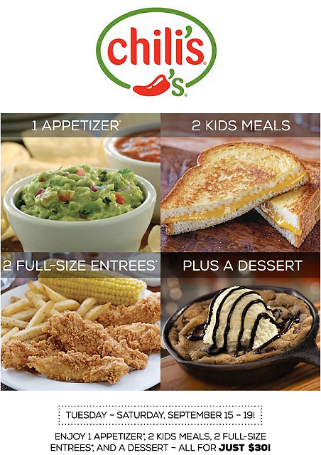 Chilis Coupon April 2024 Appetizer + 2 entrees + 2 kids meals + dessert = $30 at Chilis