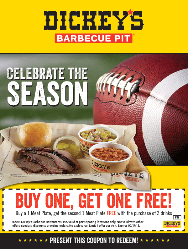 Dickeys Barbecue Pit Coupon April 2024 Second meat plate free at Dickeys Barbecue Pit restaurants