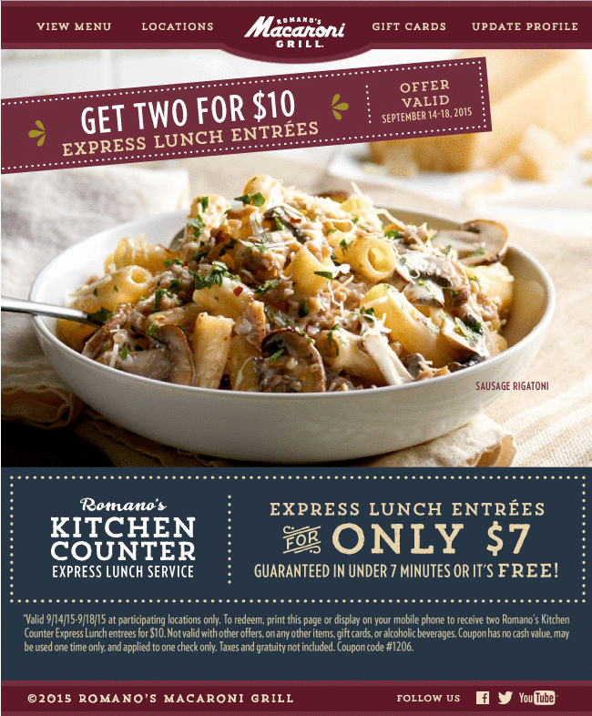 Macaroni Grill Coupon April 2024 Two lunches for $10 at Macaroni Grill