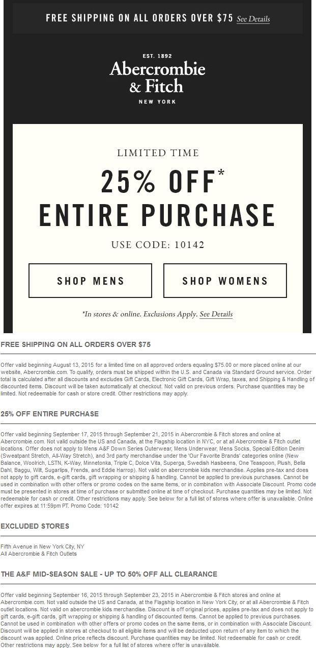 Abercrombie & Fitch Coupon April 2024 25% off at Abercrombie & Fitch, or online via promo code 10142