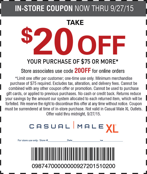 Casual Male XL Coupon April 2024 $20 off $75 at Casual Male XL, or online via promo code 20OFF