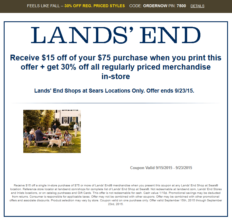 Lands End Coupon April 2024 30% off & more at Sears Lands End, or online via promo code ORDERNOW and pin 7500