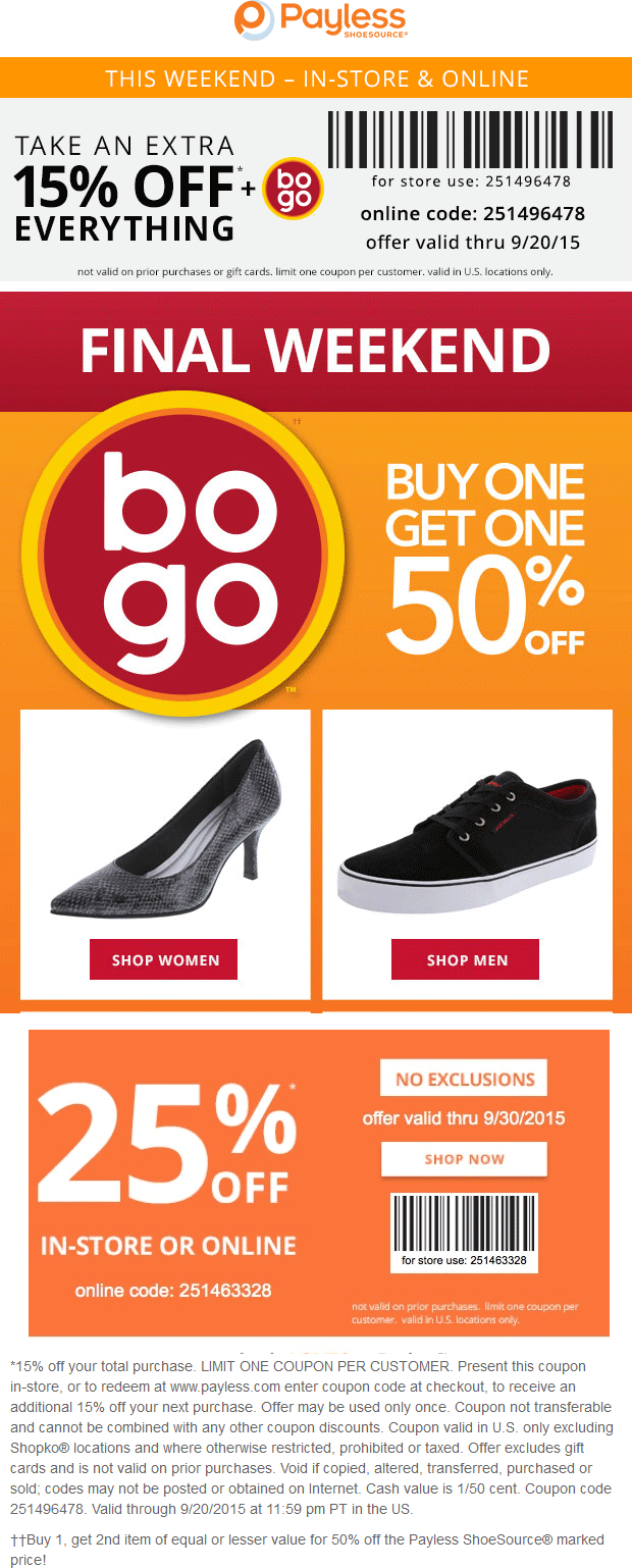 Payless Coupon April 2024 15% off + second pair free at Payless Shoesource, or online via promo code 251496478