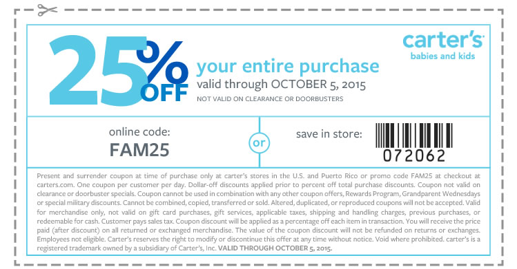 Carters Coupon April 2024 25% off everything at Carters, or online via promo code FAM25