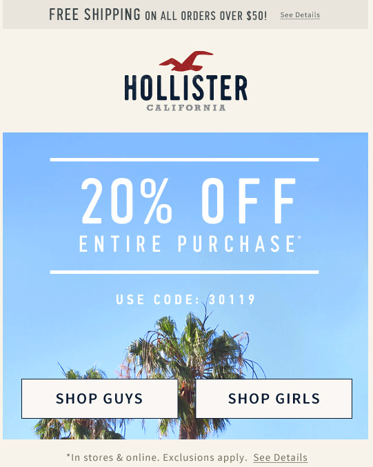 Hollister Coupon April 2024 20% off today at Hollister, or online via promo code 30119