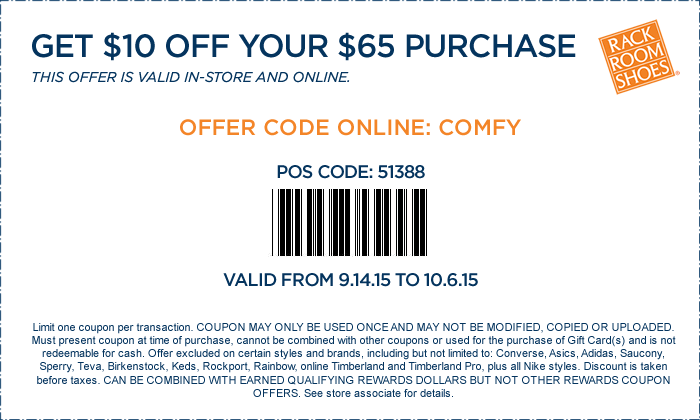 Rack Room Shoes Coupon April 2024 $10 off $65 at Rack Room Shoes, or online via promo code COMFY