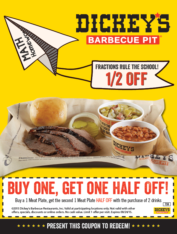 Dickeys Barbecue Pit Coupon April 2024 Second meat plate 50% off at Dickeys Barbecue Pit