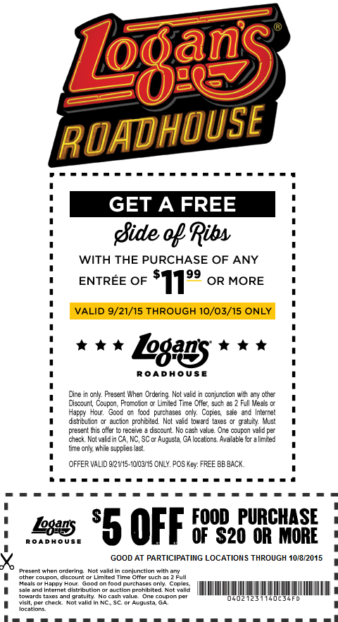 Logans Roadhouse Coupon April 2024 Free ribs with your entree & more at Logans Roadhouse