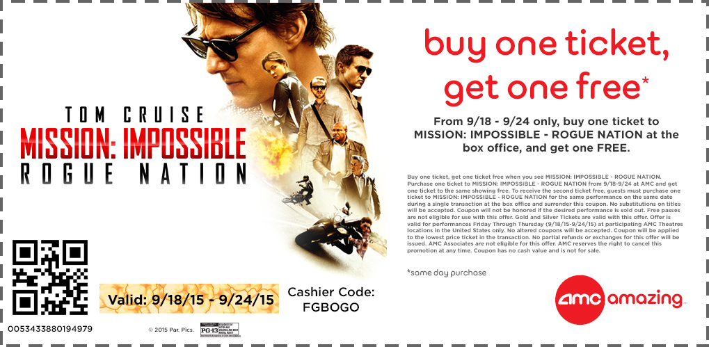 AMC Theaters Coupon March 2024 Second movie ticket to Mission Impossible free today at AMC theaters