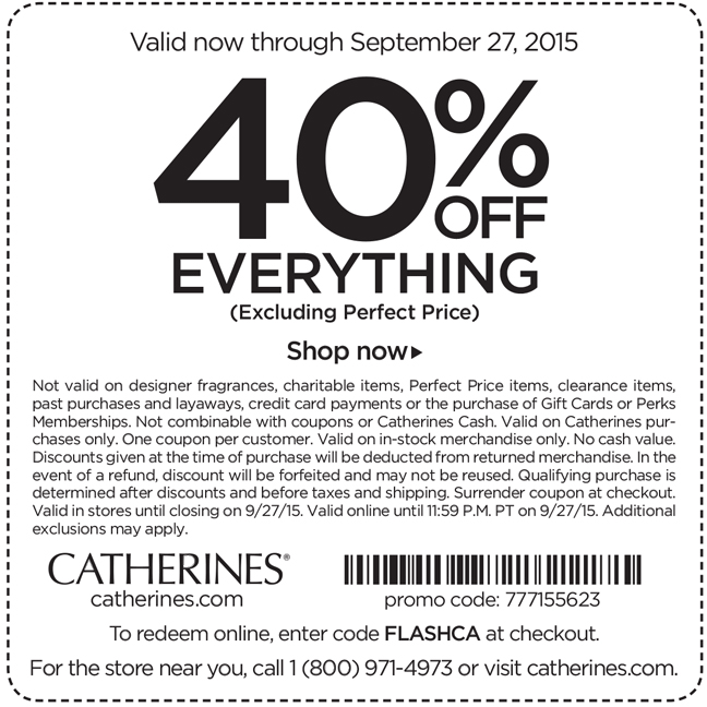 Catherines Coupon March 2024 40% off everything at Catherines, or online via promo code FLASHCA