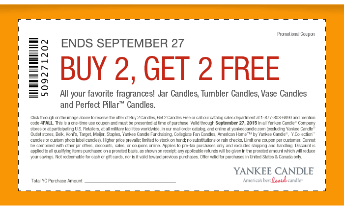 Yankee Candle Coupon April 2024 4-for-2 on candles at Yankee Candle, or online via promo code 4FALL